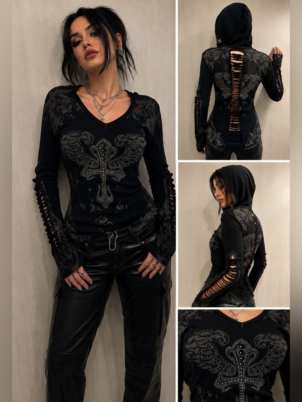 Y2K Gothic Rhinestone Cross Thermal Hooded Top XL Rock Grunge Biker